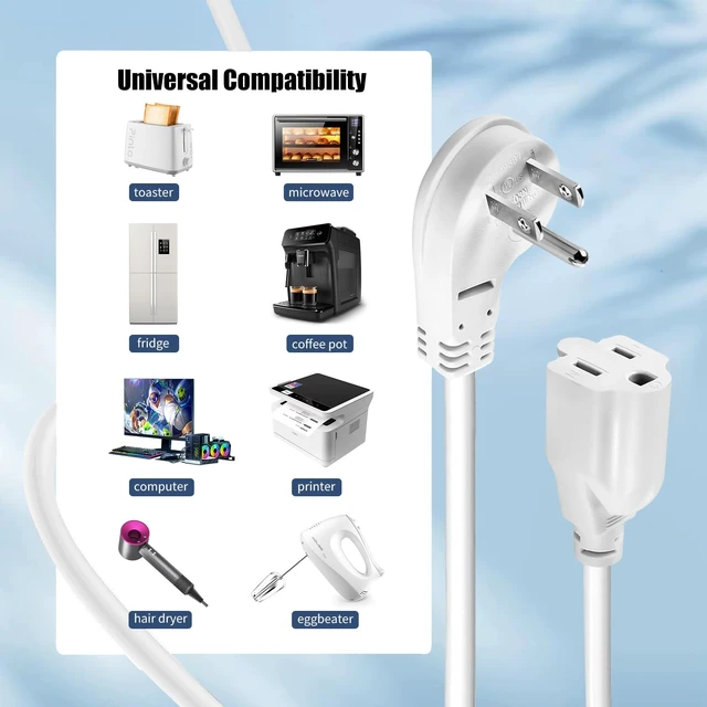 Alt view image 6 of 7 - 1625W 13A 16AWG 1ft Low Profile Flat Plug Heavy Duty Extension Cord, 3-Prong Grounded Power Cable White