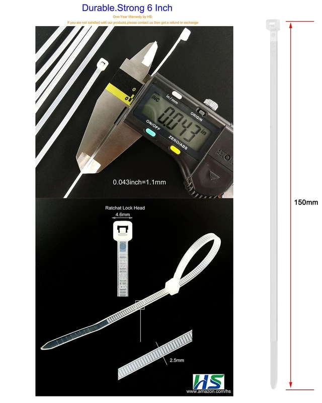 Alt view image 2 of 5 - HS Clear Zip Ties 6 Inch Small, 100 Pcs, 18 LBS, Self Locking, White Nylon, Thin Strong Durable