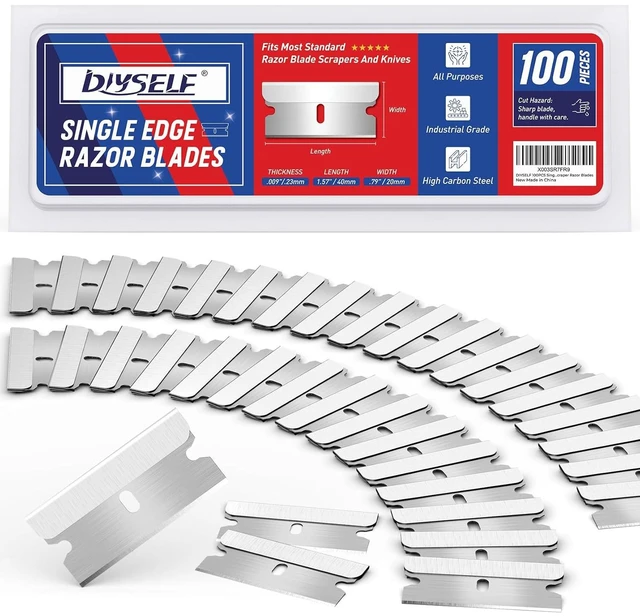 Main image of DIYSELF Single Edge Razor Blades, 100 Pack, High Carbon Steel, Refills for Razor Scraper & Utility Knife, for Removing Decals and Stickers