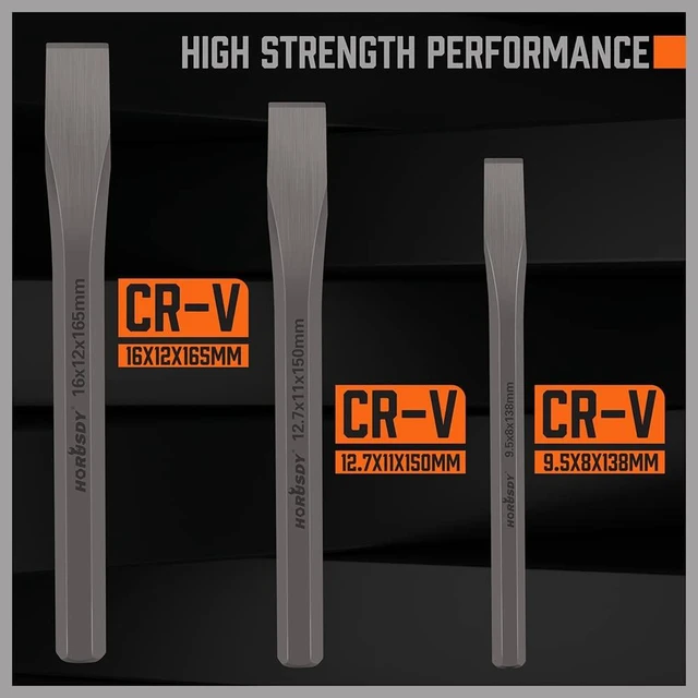 Alt view image 4 of 4 - HORUSDY 3-Piece Heavy-Duty Cold Chisel Set, 3/8", 1/2", 5/8", Drop-Forged Cr-V Steel for Woodworking, Metalworking, Masonry and Carpentry