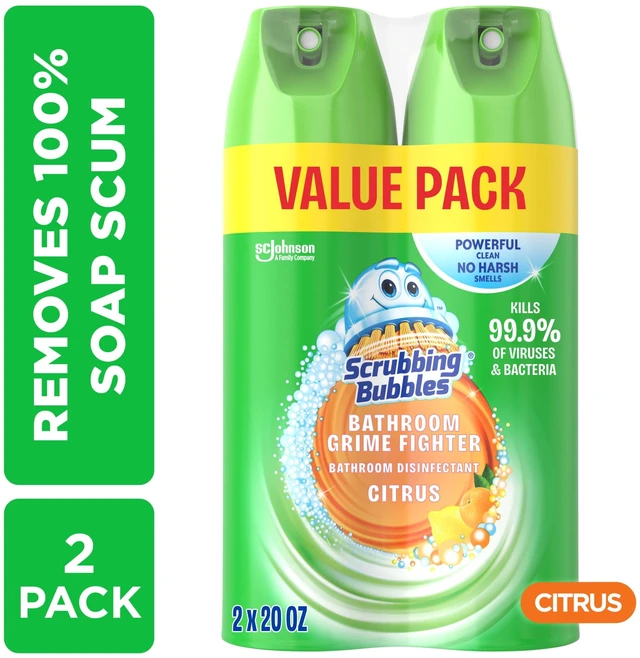 Main image of Scrubbing Bubbles Disinfectant Bathroom Shower & Tub Cleaner Grime Fighter Aerosol Spray, Citrus, 20 oz, 2 Pack