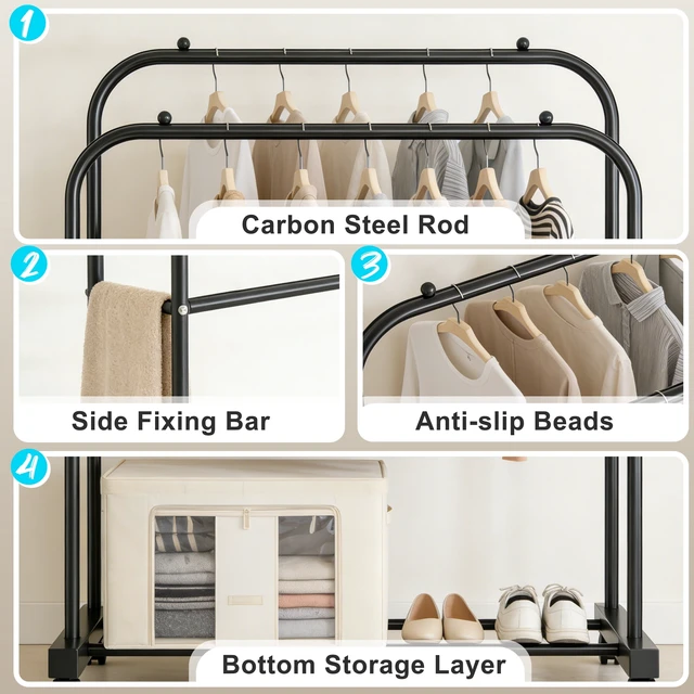 Alt view image 2 of 6 - GARITIN Double Rod Heavy Duty Rolling Clothes Rack with Wheels, Portable Closet Rack for Bedroom, Laundry, Entryway, Black