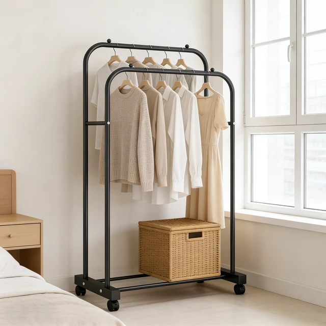 Alt view image 6 of 6 - GARITIN Double Rod Heavy Duty Rolling Clothes Rack with Wheels, Portable Closet Rack for Bedroom, Laundry, Entryway, Black
