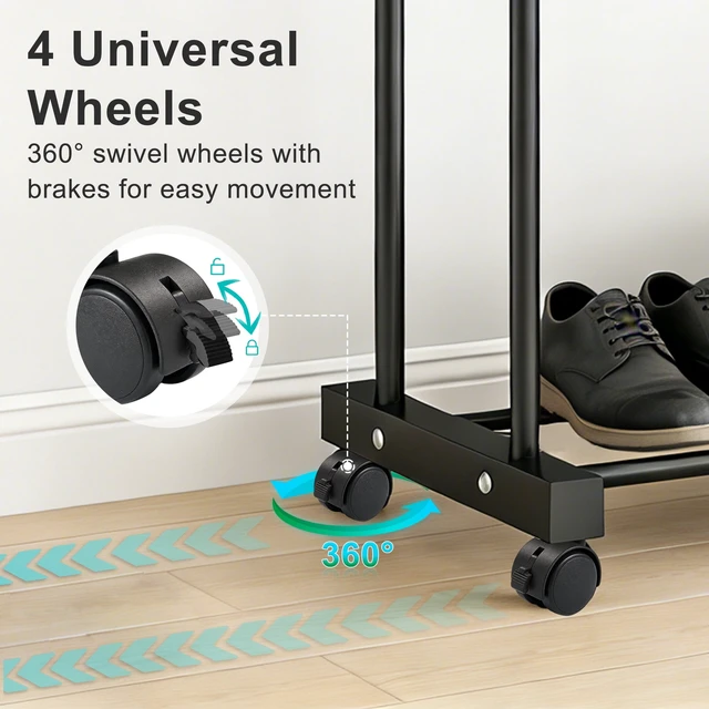 Alt view image 5 of 6 - GARITIN Double Rod Heavy Duty Rolling Clothes Rack with Wheels, Portable Closet Rack for Bedroom, Laundry, Entryway, Black