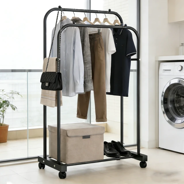 Alt view image 3 of 6 - GARITIN Double Rod Heavy Duty Rolling Clothes Rack with Wheels, Portable Closet Rack for Bedroom, Laundry, Entryway, Black