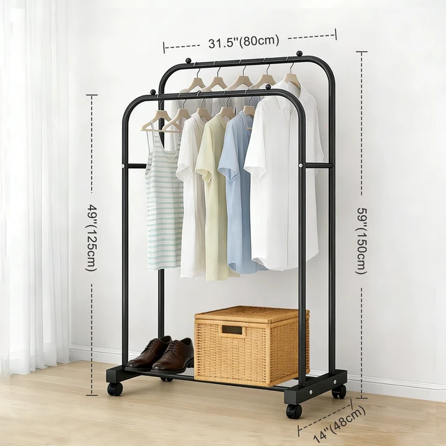 Alt view image 4 of 6 - GARITIN Double Rod Heavy Duty Rolling Clothes Rack with Wheels, Portable Closet Rack for Bedroom, Laundry, Entryway, Black