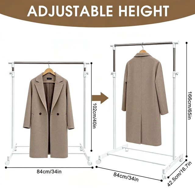 Alt view image 2 of 6 - GARITIN Adjustable Height Rolling Clothing Rack with Wheels, Metal Chrome, White