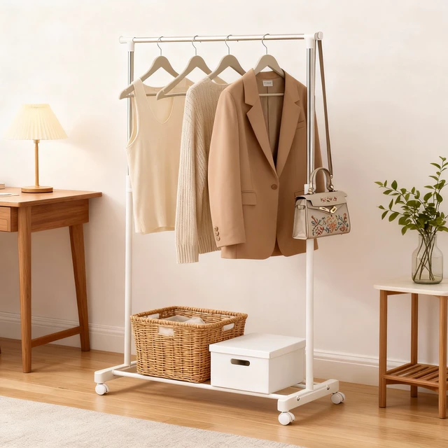 Alt view image 4 of 6 - GARITIN Adjustable Height Rolling Clothing Rack with Wheels, Metal Chrome, White