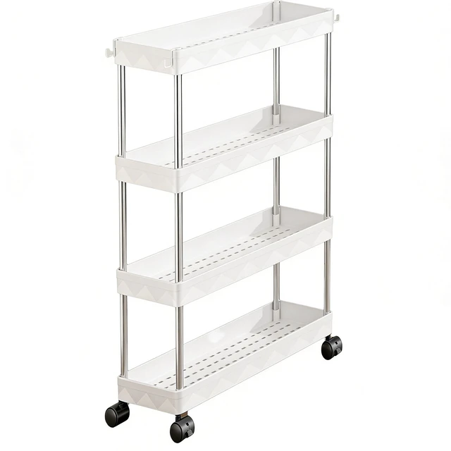 Main image of 4-Tier Slim Rolling Storage Cart with Lockable Wheels, Portable Mobile Utility Cart for Bathroom, Laundry Room, Kitchen, White