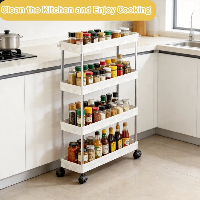 Alt view image 6 of 7 - 4-Tier Slim Rolling Storage Cart with Lockable Wheels, Portable Mobile Utility Cart for Bathroom, Laundry Room, Kitchen, White