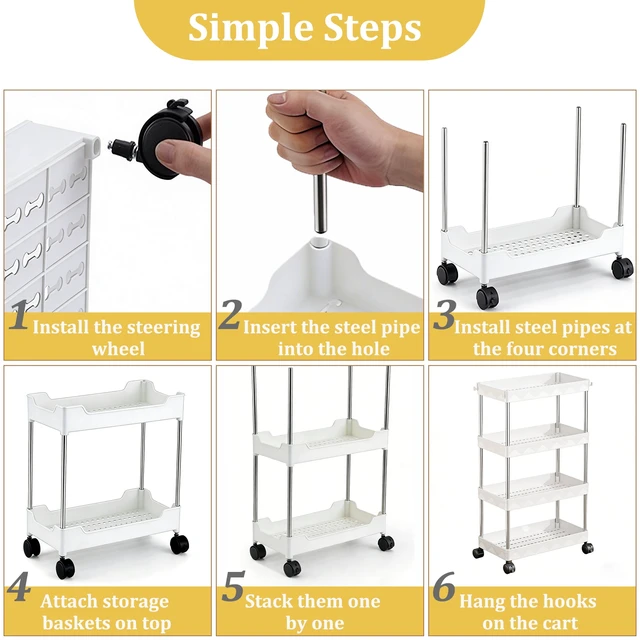 Alt view image 3 of 7 - 4-Tier Slim Rolling Storage Cart with Lockable Wheels, Portable Mobile Utility Cart for Bathroom, Laundry Room, Kitchen, White