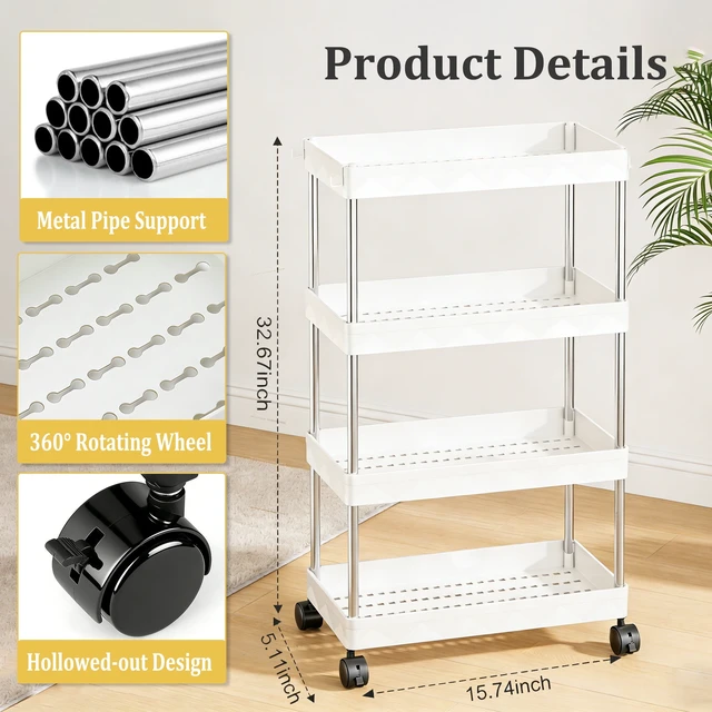 Alt view image 5 of 7 - 4-Tier Slim Rolling Storage Cart with Lockable Wheels, Portable Mobile Utility Cart for Bathroom, Laundry Room, Kitchen, White
