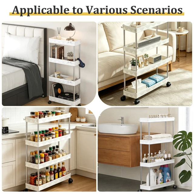 Alt view image 4 of 7 - 4-Tier Slim Rolling Storage Cart with Lockable Wheels, Portable Mobile Utility Cart for Bathroom, Laundry Room, Kitchen, White