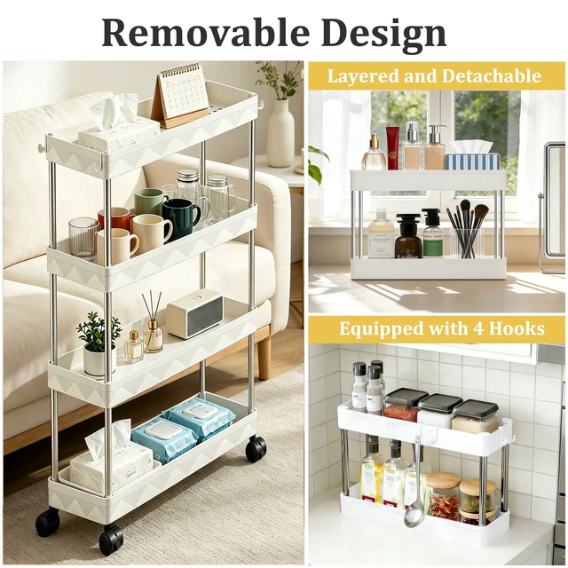 Alt view image 7 of 7 - 4-Tier Slim Rolling Storage Cart with Lockable Wheels, Portable Mobile Utility Cart for Bathroom, Laundry Room, Kitchen, White