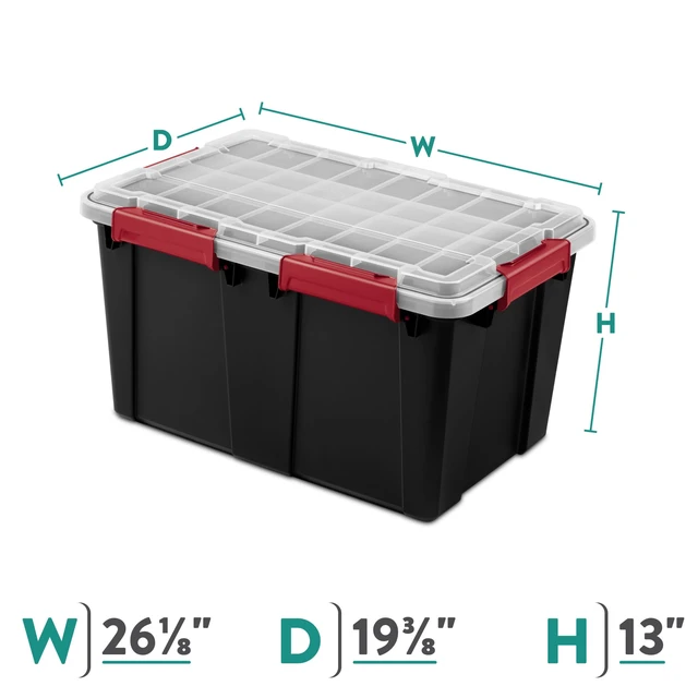Alt view image 3 of 6 - Sterilite Large Gasket Tote, 20 Gallon IP68 Waterproof Plastic Storage Bin with Lid, Gasket Seal and Durable Latches, Black