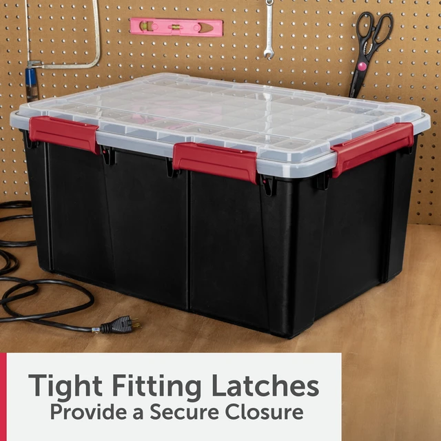 Alt view image 4 of 6 - Sterilite Large Gasket Tote, 20 Gallon IP68 Waterproof Plastic Storage Bin with Lid, Gasket Seal and Durable Latches, Black