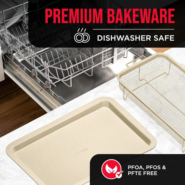 Alt view image 4 of 7 - Bakken Swiss Crisper Tray 2-Piece Set White Marble Non-Stick Basket Design for Regular Ovens Perfectly Crispy Chips Bacon and More