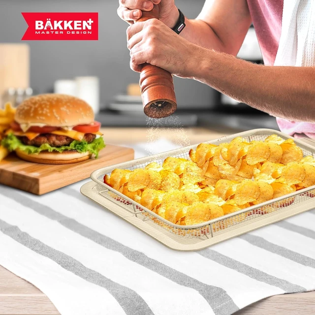 Alt view image 7 of 7 - Bakken Swiss Crisper Tray 2-Piece Set White Marble Non-Stick Basket Design for Regular Ovens Perfectly Crispy Chips Bacon and More