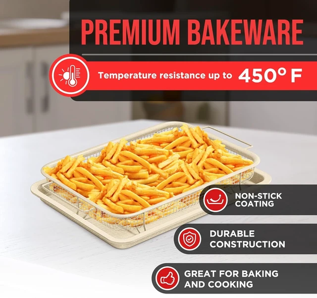 Alt view image 2 of 7 - Bakken Swiss Crisper Tray 2-Piece Set White Marble Non-Stick Basket Design for Regular Ovens Perfectly Crispy Chips Bacon and More
