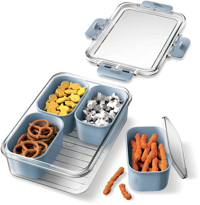 Alt view image 3 of 6 - Cook With Color 4-Compartment Mini Snackle Box with Lids, Divided Serving Tray, Charcuterie and Snack Container, Dishwasher Safe, Blue
