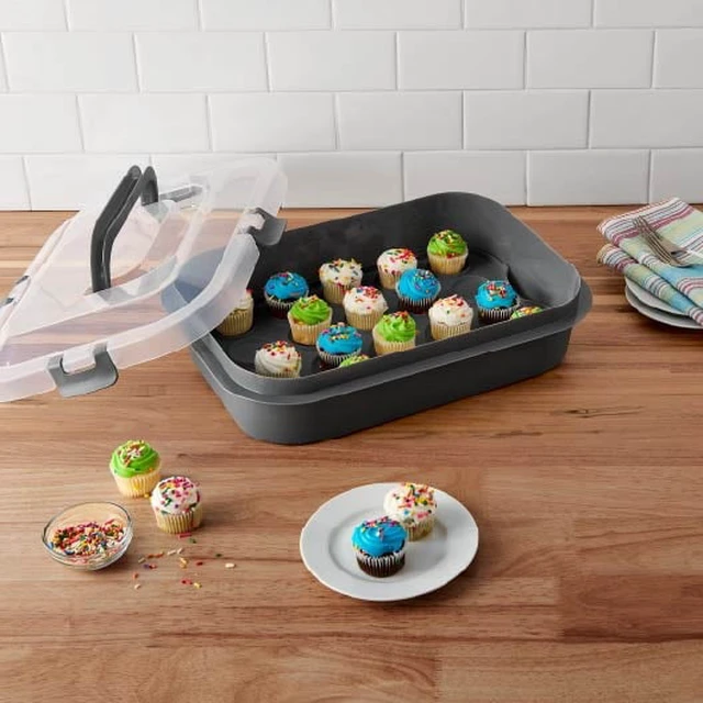 Alt view image 7 of 7 - Mainstays Rectangular Cupcake & Cake Carrier with Lid, Handle, Clasps & Removeable Flippible Cupcake Tray, Grey Plastic