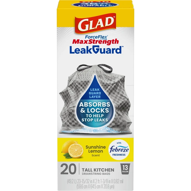 Alt view image 2 of 5 - Glad ForceFlex MaxStrength LeakGuard 13-Gallon Tall Kitchen Trash Bags, Sunshine Lemon Scent, 20 Bags