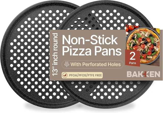 Main image of Bakken Round Perforated Carbon Steel Pizza Baking Pan with Non-Stick Marble Coating, Oversized Silicone Handle, Gray, 2 Pack