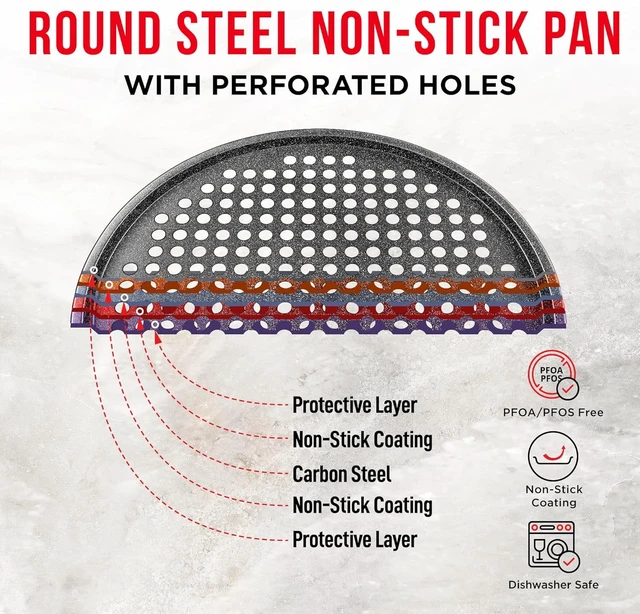 Alt view image 3 of 6 - Bakken Round Perforated Carbon Steel Pizza Baking Pan with Non-Stick Marble Coating, Oversized Silicone Handle, Gray, 2 Pack