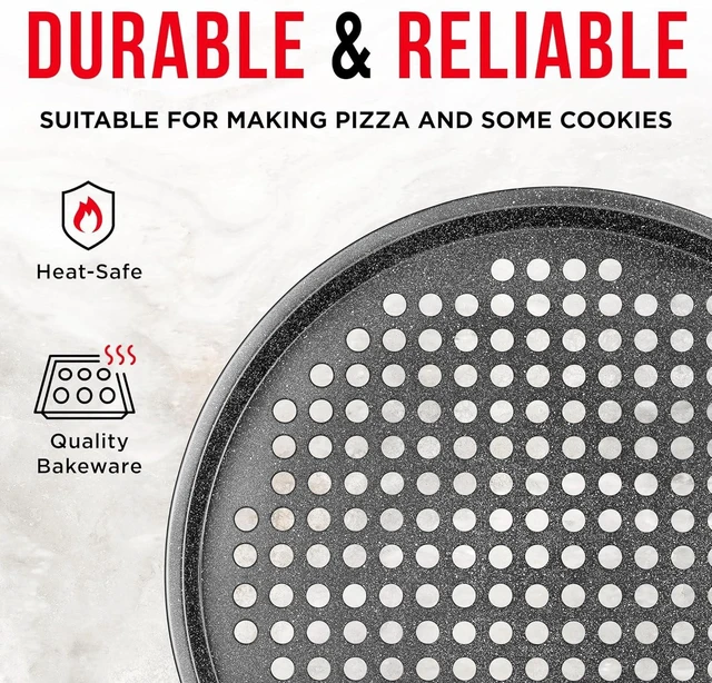 Alt view image 2 of 6 - Bakken Round Perforated Carbon Steel Pizza Baking Pan with Non-Stick Marble Coating, Oversized Silicone Handle, Gray, 2 Pack