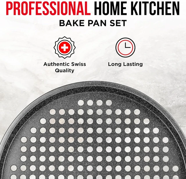 Alt view image 4 of 6 - Bakken Round Perforated Carbon Steel Pizza Baking Pan with Non-Stick Marble Coating, Oversized Silicone Handle, Gray, 2 Pack