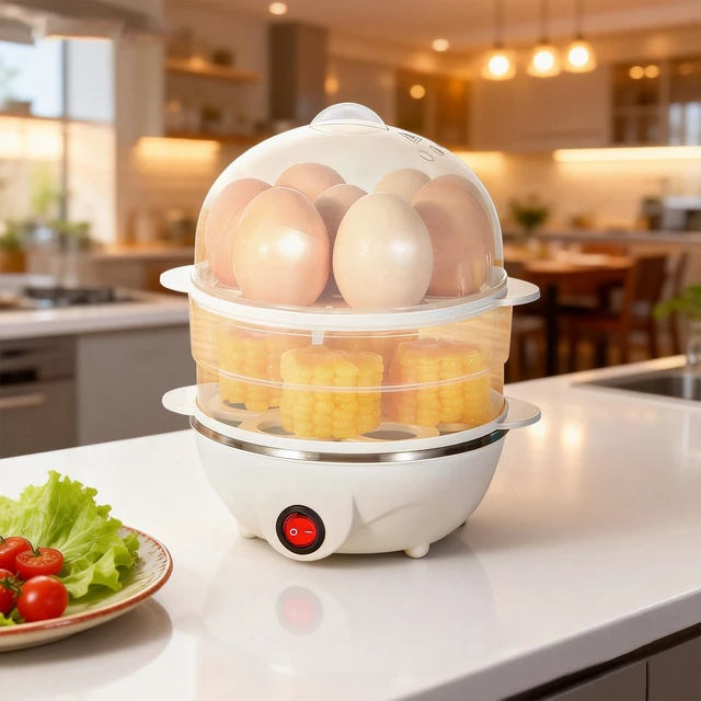Alt view image 2 of 7 - GARITIN Electric Egg Cooker, 14 Egg Double-Tier, Auto Shut Off, Hard Boiled, Poacher, Omelet Maker & Vegetable Steamer, White
