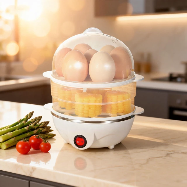 Alt view image 6 of 7 - GARITIN Electric Egg Cooker, 14 Egg Double-Tier, Auto Shut Off, Hard Boiled, Poacher, Omelet Maker & Vegetable Steamer, White