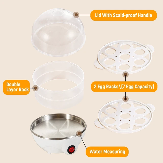 Alt view image 3 of 7 - GARITIN Electric Egg Cooker, 14 Egg Double-Tier, Auto Shut Off, Hard Boiled, Poacher, Omelet Maker & Vegetable Steamer, White
