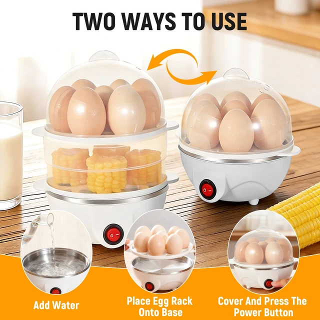 Alt view image 7 of 7 - GARITIN Electric Egg Cooker, 14 Egg Double-Tier, Auto Shut Off, Hard Boiled, Poacher, Omelet Maker & Vegetable Steamer, White