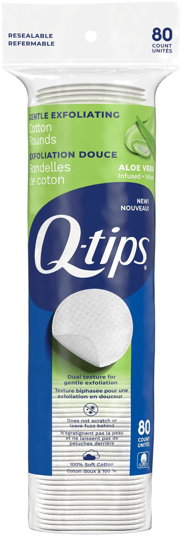 Main image of Q-tips Gentle Exfoliating 100% Cotton Rounds, Lint-Free Makeup Remover, Cleaning and Skin Care Pads, 80 Count