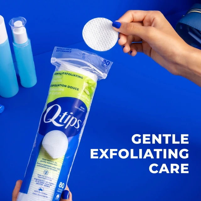 Alt view image 5 of 5 - Q-tips Gentle Exfoliating 100% Cotton Rounds, Lint-Free Makeup Remover, Cleaning and Skin Care Pads, 80 Count