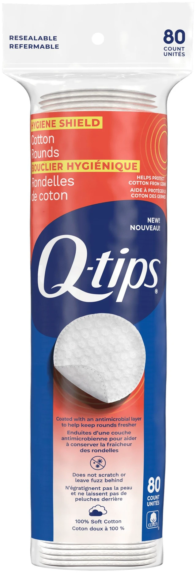 Main image of Q-tips Hygiene Shield 100% Cotton Rounds, Lint-Free Makeup Remover & Skin Care Pads, 80 Count