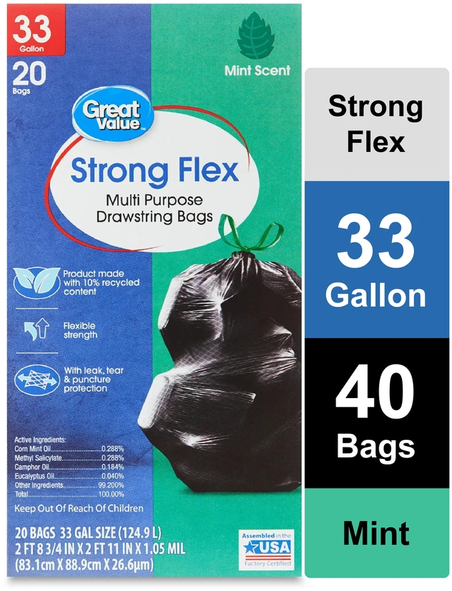 Main image of Great Value Strong Flex 33 Gal Drawstring Trash Bags, Mint Scent, 20 Count