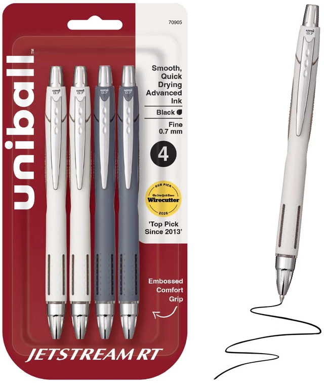 Main image of Uniball Jetstream Retractable Ballpoint Pens, Fine Point 0.7mm, Black Ink, 4 Count