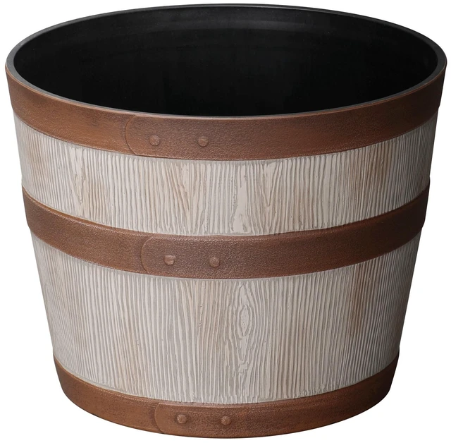 Main image of Better Homes & Gardens Whiskey Barrel Round Recycled Resin Planter, Light Brown, 12.9in x 12.9in x 10in