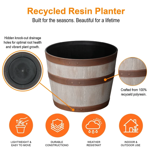 Alt view image 4 of 6 - Better Homes & Gardens Whiskey Barrel Round Recycled Resin Planter, Light Brown, 12.9in x 12.9in x 10in