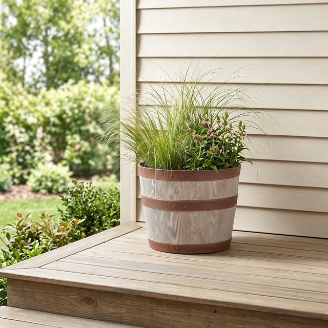 Alt view image 6 of 6 - Better Homes & Gardens Whiskey Barrel Round Recycled Resin Planter, Light Brown, 12.9in x 12.9in x 10in
