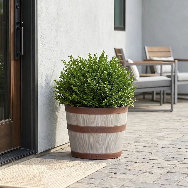 Alt view image 3 of 6 - Better Homes & Gardens Whiskey Barrel Round Recycled Resin Planter, Light Brown, 12.9in x 12.9in x 10in
