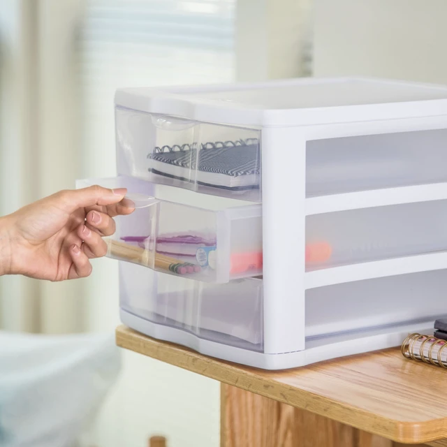 Alt view image 6 of 6 - Sterilite 3 Drawer Unit, Countertop Organizer, Clear Storage for Desk, Countertop and Shelf, White