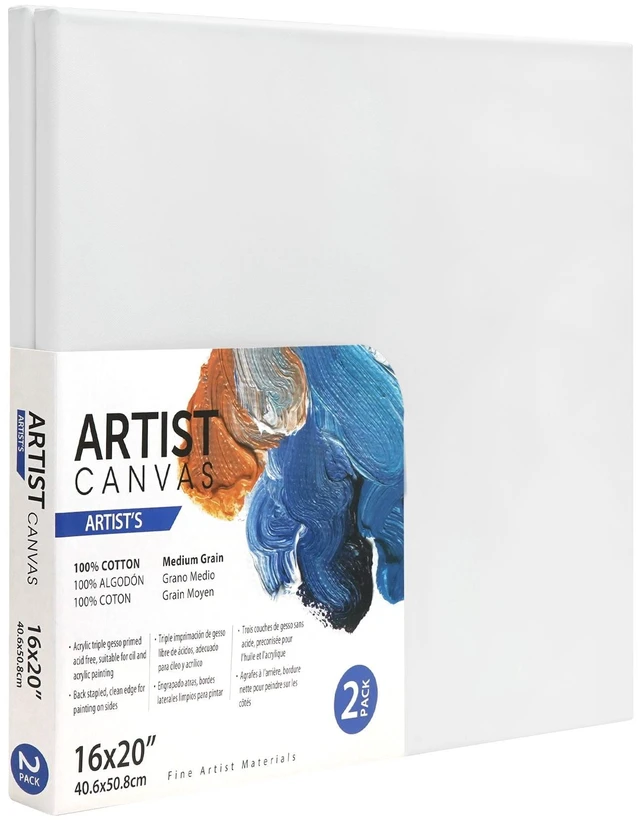 Main image of Artist Deluxe Stretched Canvas, 16"x20", 2 Pack, 100% Cotton, Acid Free, White