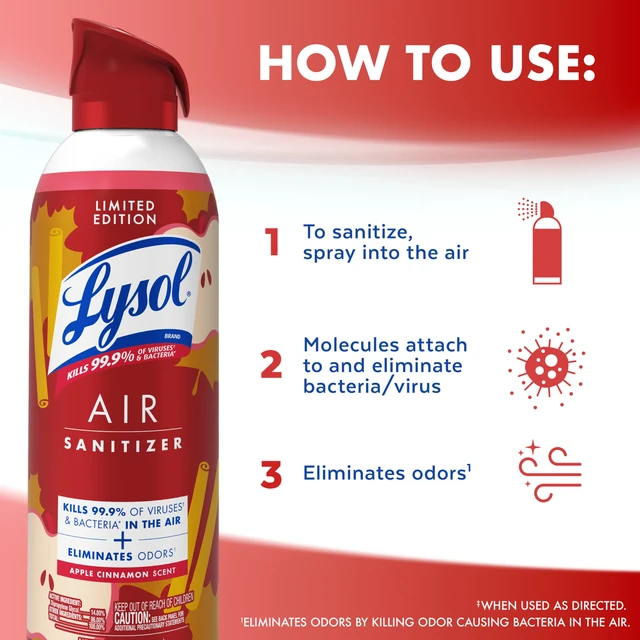 Alt view image 2 of 6 - Lysol Air Sanitizer Spray 10oz, Apple Cinnamon Scent, Bacterial Odor Elimination