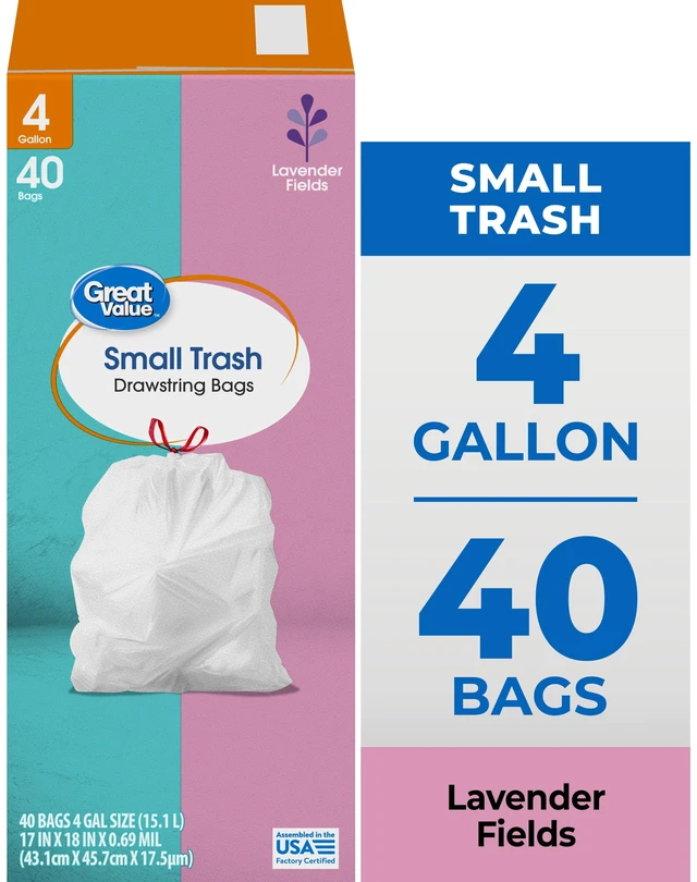 Main image of Great Value Drawstring Trash Bags 4gal White Lavender Fields 40Bags