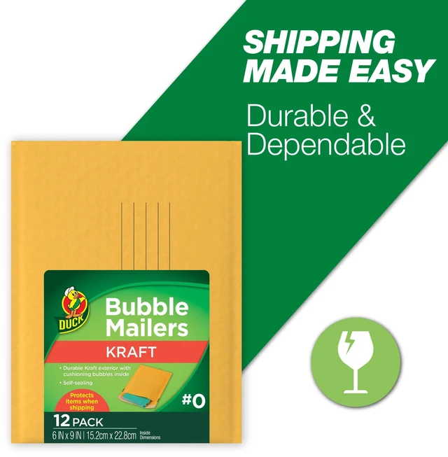 Main image of Duck Self-Seal Kraft Bubble Mailer #0, 6" x 9", Solid Manila, 12 Pack