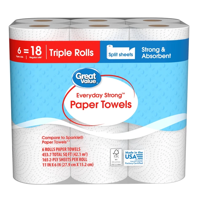 Alt view image 6 of 6 - Great Value Everyday Strong Paper Towels, 6 Triple Rolls, Split Sheets
