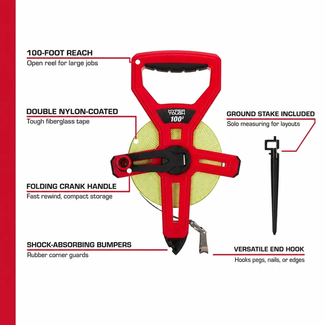 Alt view image 5 of 6 - Hyper Tough 100ft Fiberglass Tape Measure with Ground Stake